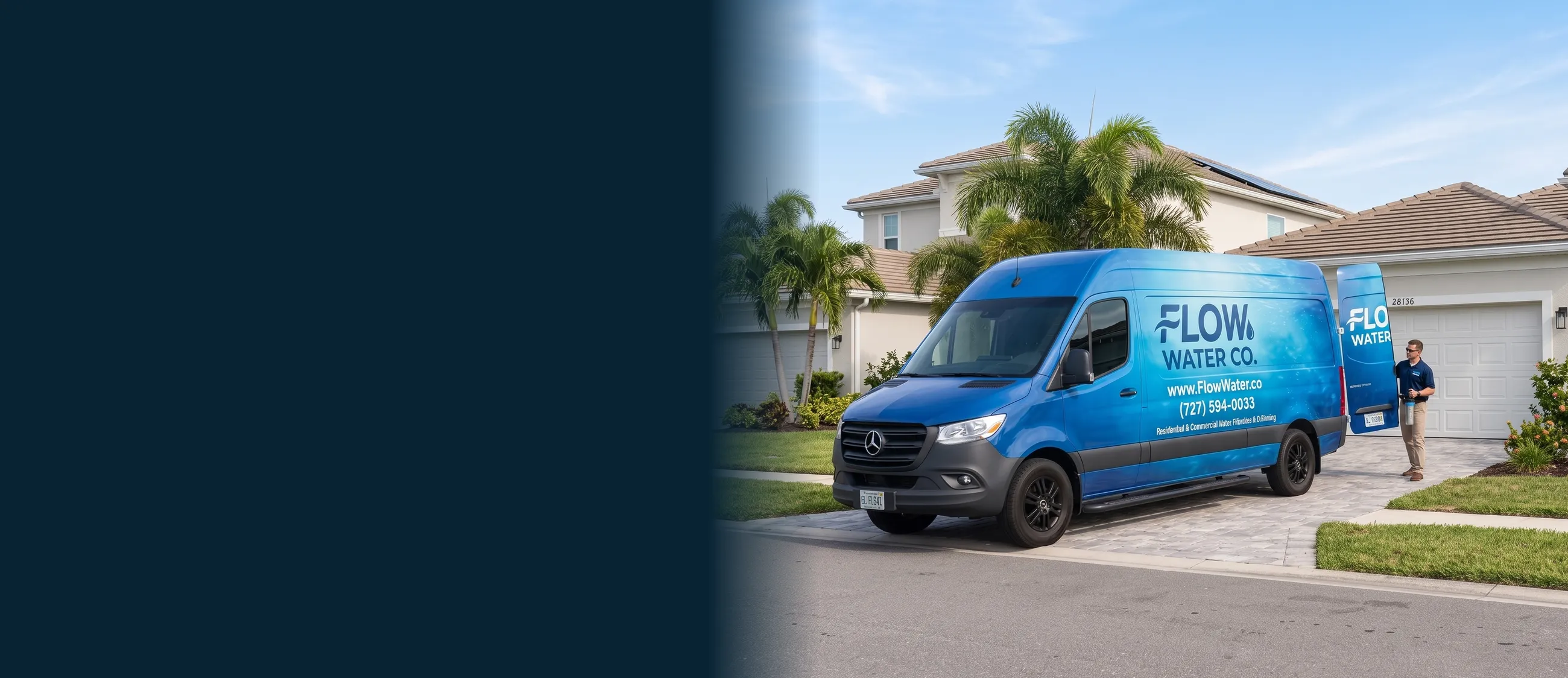 Flow Water Co technician arriving at a Pinellas County home to install a whole-home water system