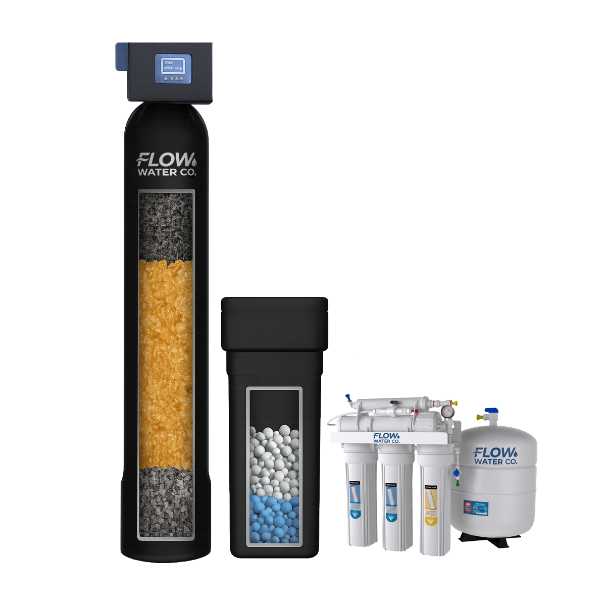 Flow Water Co softener, carbon filter and tank-style reverse osmosis package